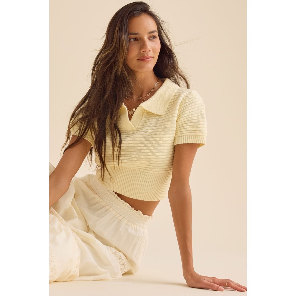 Altar'd State Small Cream Ribbed Knit Cropped Polo Short Sleeve Sweater NWT